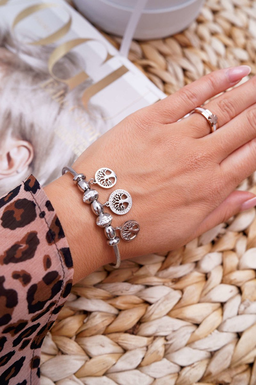 Damska Bransoletka Stalowa Linka z Zawieszkami Srebrna Mythic