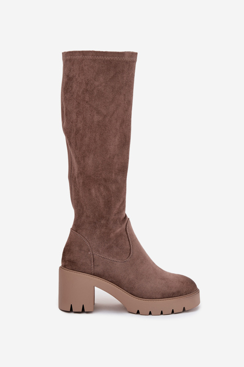Knee-high eco suede boots on a heel Vinceza 58332 dark beige