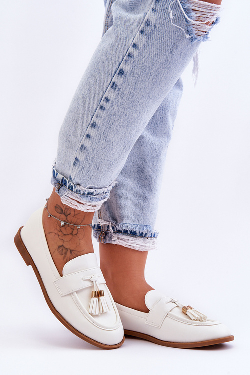 Classic Fringed Leather Loafers White Camis