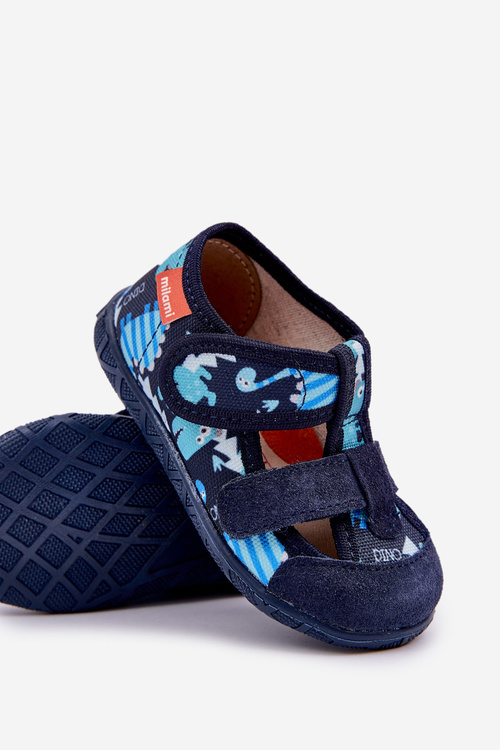 Slippers Milami Children With Velcro In Dinosaur Print Navy Blue Reathiana