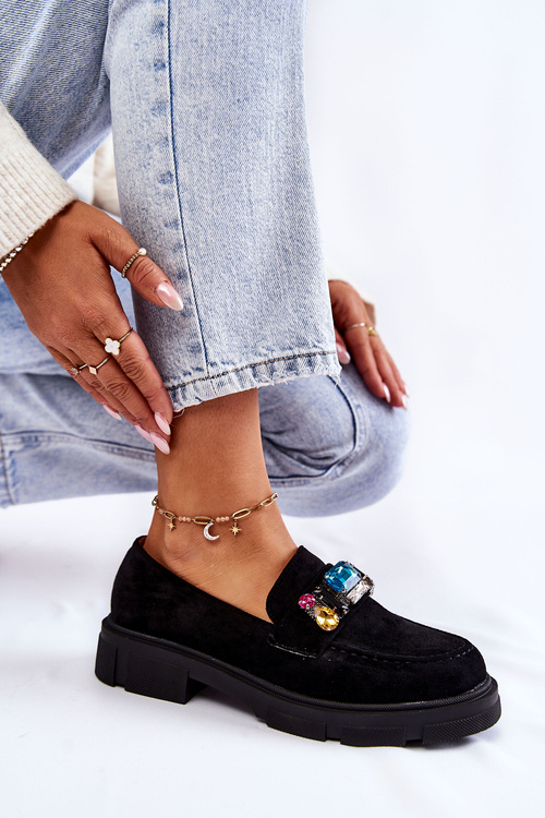 Półbuty Loafery Damskie Zamsz Ozdoba Czarne Karlott