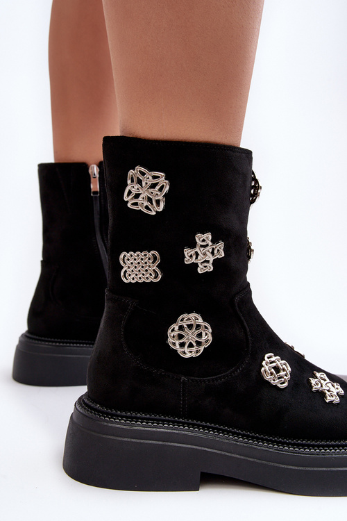 Leather Quilted Boots with Decorations D&A MR870-14 Black