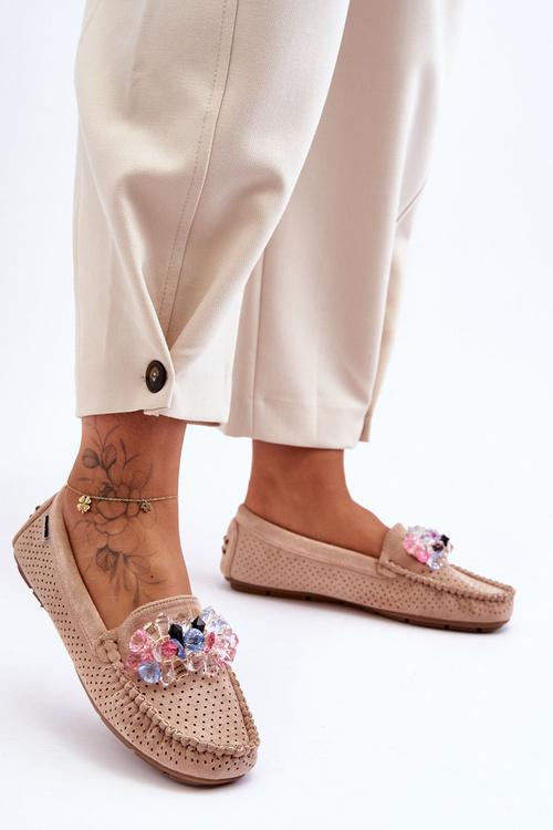 Mokasyny Modne Zamsz Ozdoby Beżowe Delima