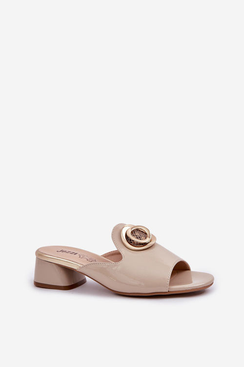 Elegant Ladies Slippers On Low Heel With Decoration Beige Feledis