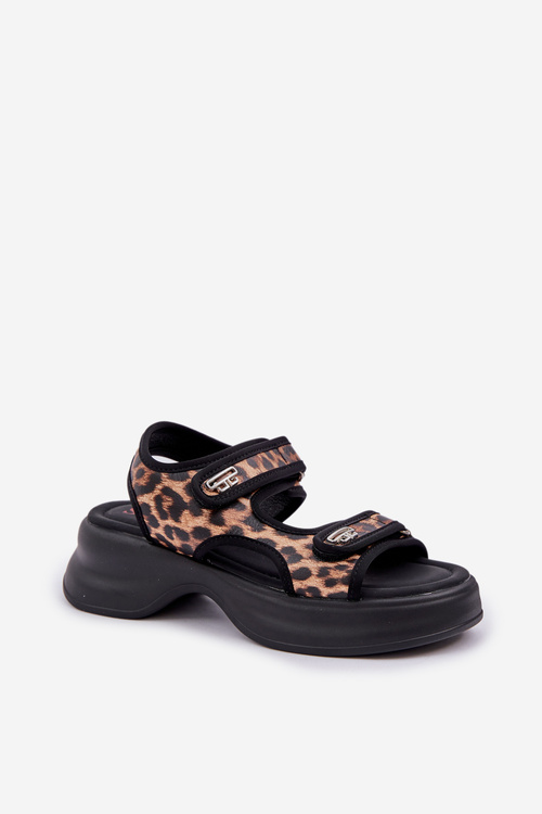 Sandały Damskie Lekkie Eko Skórzane Na Platformie Panterka Brązowe Deniffia