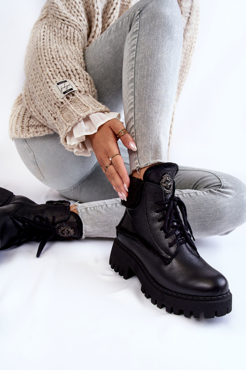 Trapery Botki Damskie Skóra Czarne Lemar Vergo