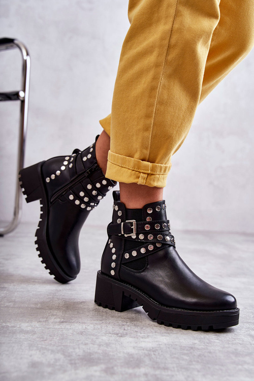 Leather Women's Boots With Decorative Studs Black Sanchez