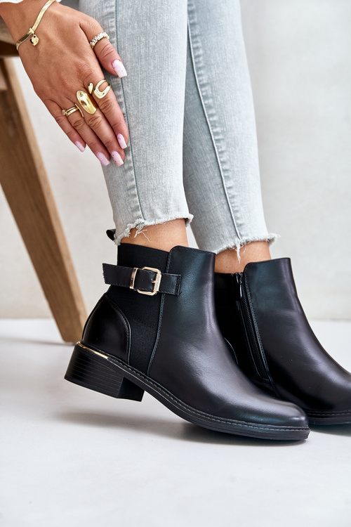 Women's Ankle Boots on Low Heels Insulated with Golden Buckle Black Inomira