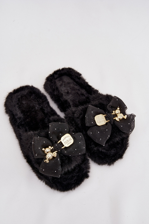 Fur Ladies Slippers With Bow And Golden Decoration Black Nolara