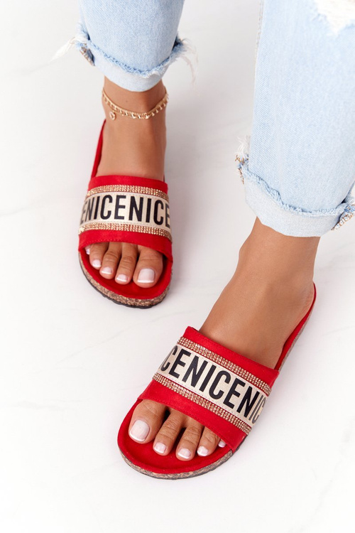 Slippers On Cork Sole With Cubic Zirconia Red Be Nice