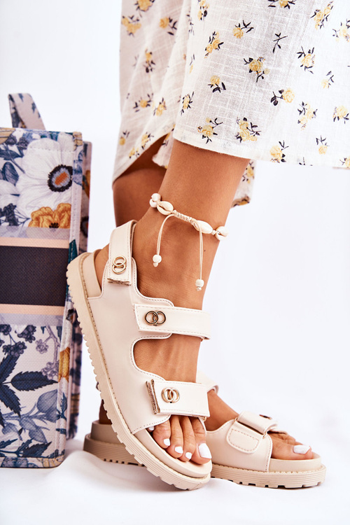 Women's Leather Sandals With Decoration Beige Halis
