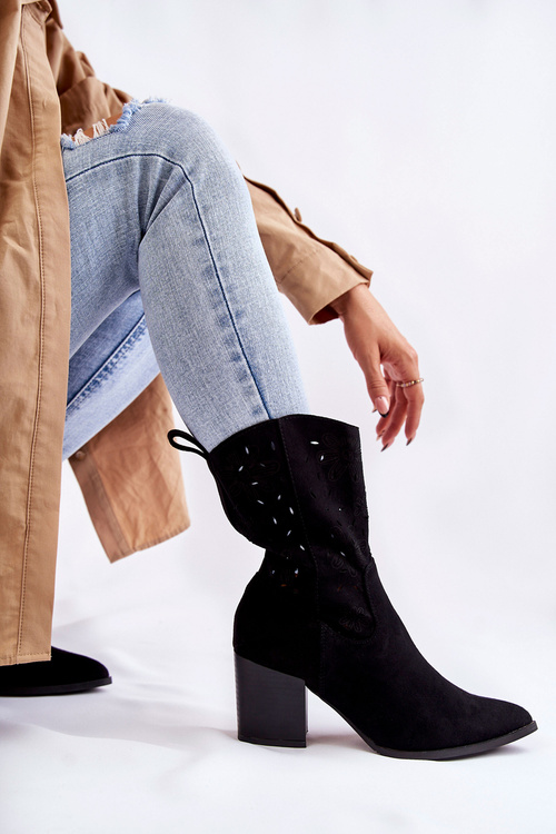 Botki Kowbojki Damskie Zamsz Kwiaty Czarne Ariane