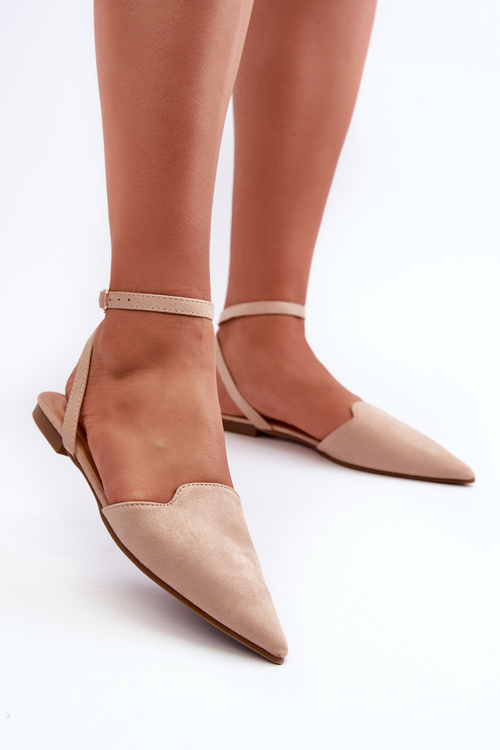 Lace-up Ballerina Flats in Beige Faux Suede with Pointed Toes Ellesara