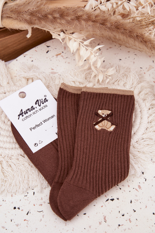 Cotton Socks Striped With Chocolate Bear