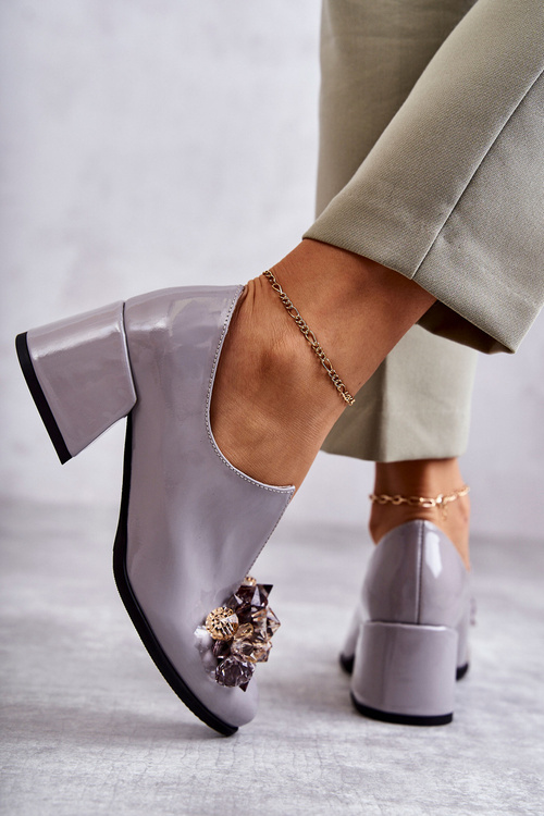 Lacquered Leather Smooth Shoes With Dark Decoration Grey Delaver