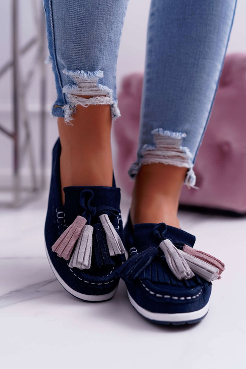 Women's Leather Suede Tassel Moccasins Navy Blue Batist