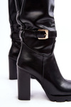 Women's Leather Boots on Heel with Buckle Black Bordda