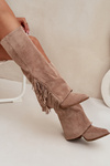 Ladies Slip-On Cowboy Boots With Heel And Fringes Beige Zalia