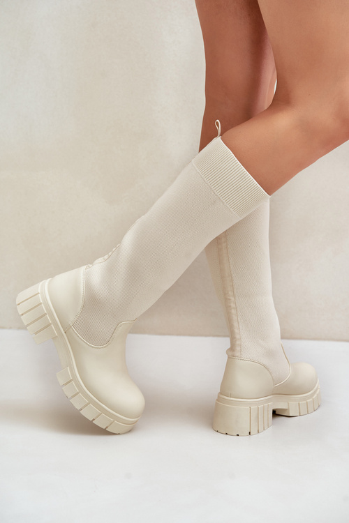 Knee Boots With Elastic Shaft On Flat Heel Light Beige Mesidra