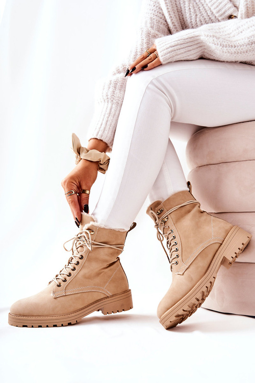 Leather Padded Worker Boots Beige Kimmie