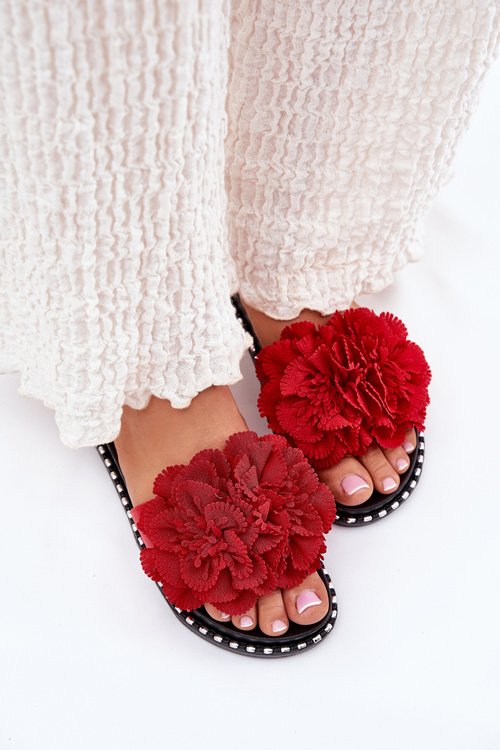 Women'S Slippers With Fabric Flowers Red Elachase