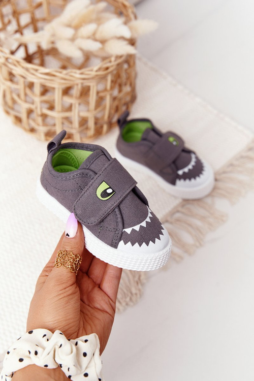 Children's Sneakers With Velcro With A Shark Grey