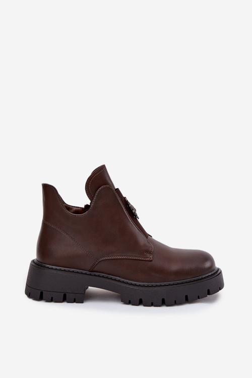Insulated Low Women's Ankle Boots With Decoration On Zipper Brown Lavira