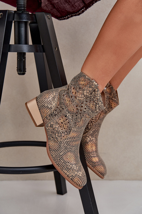 Lace Up Women's Ankle Boots On Low Heel Decorated With Animal Pattern Gold Neliawen