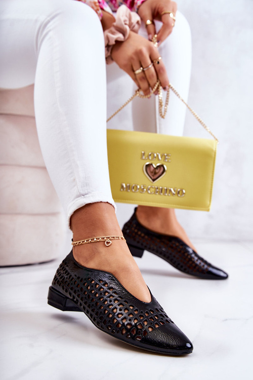 Elegant Lacquered Leather Openwork Shoes Ismena Black