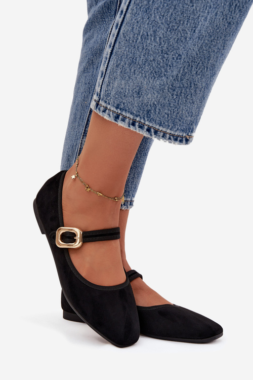 Damskie Baleriny Pasek Ze Złotą Klamrą Czarne Adelora