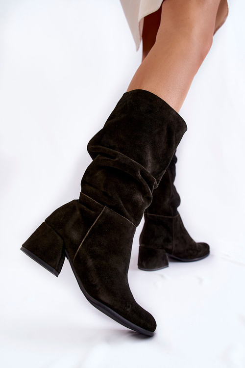 Kozaki Damskie Marszczone Zamsz Czarne Alfra