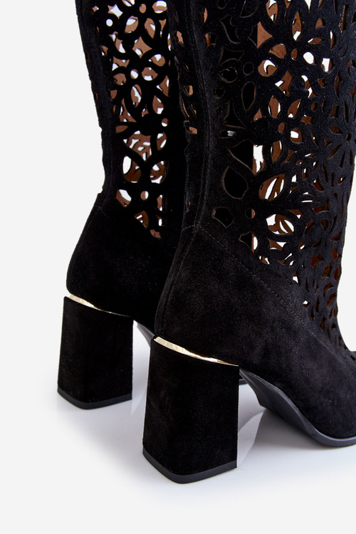 Kozaki Zamsz Ażur Czarne Lewski Shoes 3234