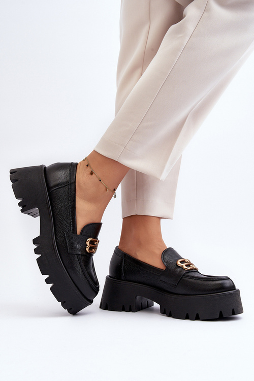 Loafersy Damskie Masywne Skóra Naturalna Czarne Zazoo 20164