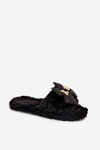 Fur Ladies Slippers With Bow And Golden Decoration Black Nolara