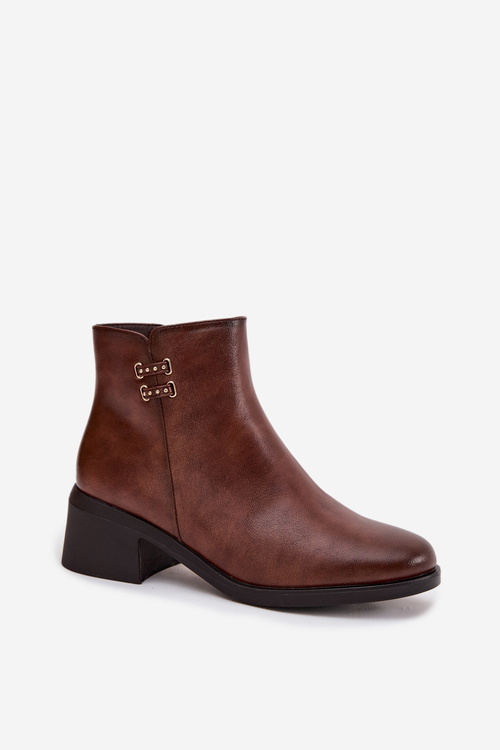 Damskie Botki Na Zamek Ocieplane Obcas Klocek Brązowe Delmira