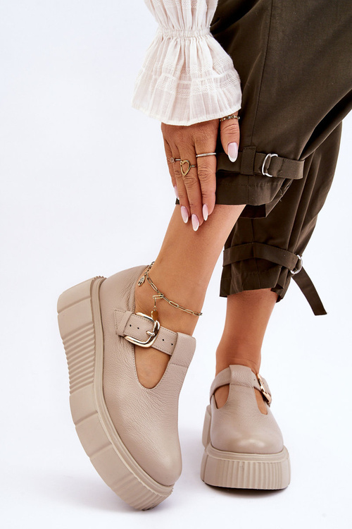 Zazoo 20102 Stylish Leather Loafers on Chunky Platform Beige