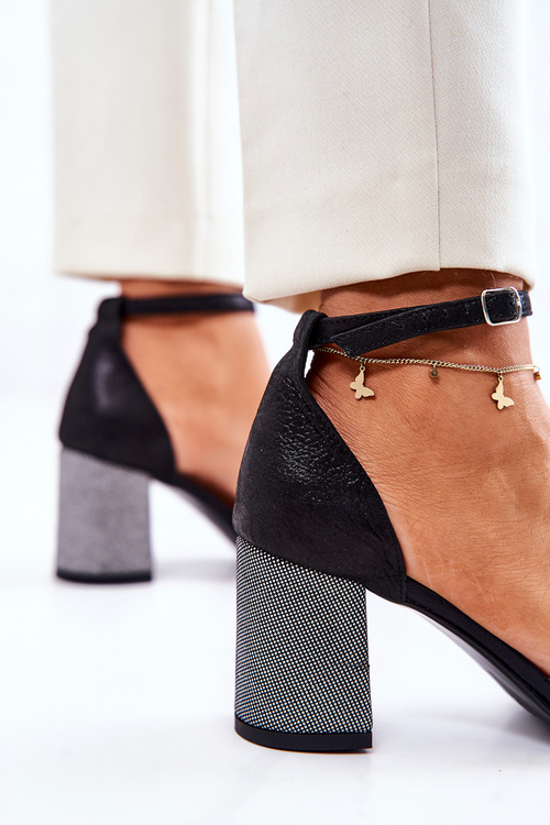 Leather Sandals On A Bar Black And Silver Lorene