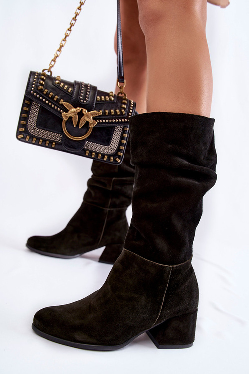 Kozaki Damskie Marszczone Zamsz Czarne Alfra