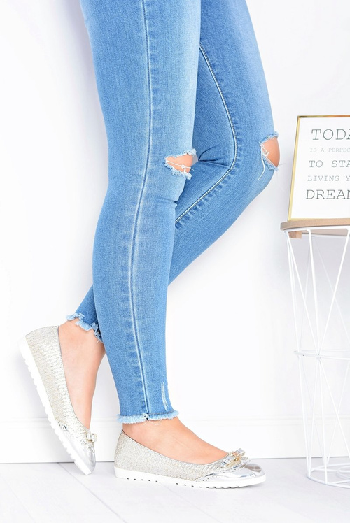 Damskie Srebrne Wsuwane Balerinki Z Kokardką Cleoss