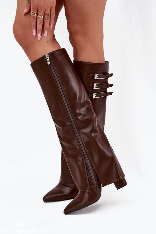 Women's Heeled Boots Turned Shaft Straps With Buckles Chocolate Nirisa