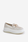 Leather Women's Moccasins On Platform With Golden Decoration 89105 Vinceza Light Beige