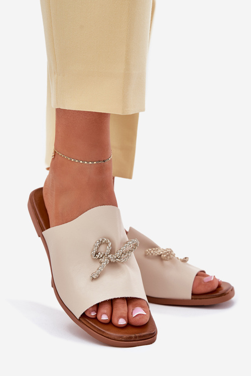 Women's sandals on a flat heel with decorative tying beige Norela