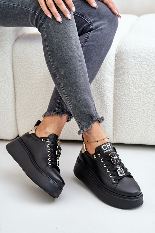 Women Leather Sneakers With Pins On Platform CheBello 4596 Black
