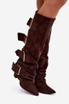 Women's High Heel Boots with Turned Top and Gold Clamps Eco Suede Chocolate Isavelle