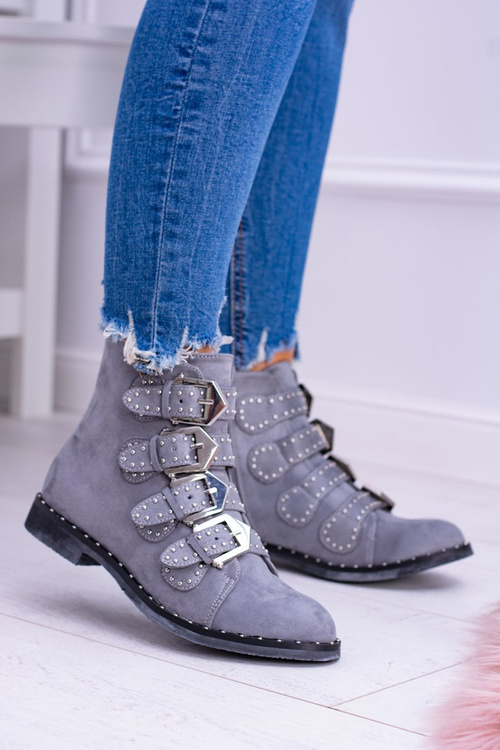 Lu Boo Dark Grey Virginia Rock Star Boots Rivet Buckles Suede