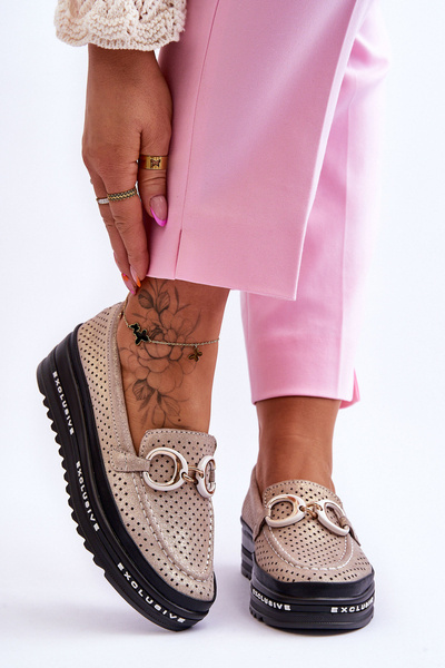 Classic Openwork Leather Moccasins With Decoration gold Rendy