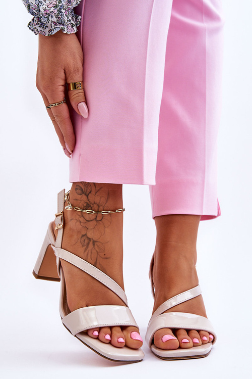 Sandały Damskie Lakier Słupek Beżowe Carrie