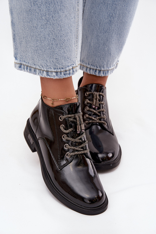 Damskie Botki Lakierowane Skóra Naturalna Ozdobne Sznurowanie Czarne D&A MR52-124
