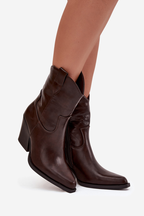 Damskie Botki Obcas Słupek Kowbojki Eko Skórzane Czekoladowe Sorelia