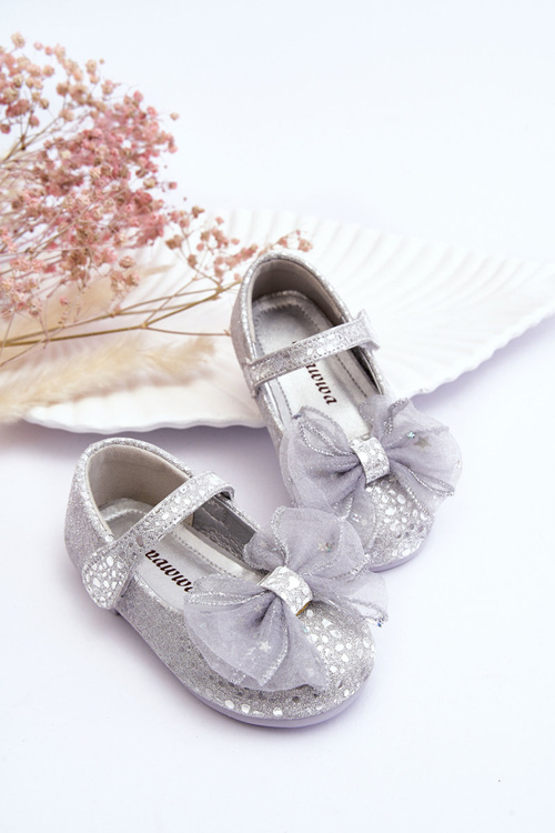 Children's ballerinas with a bow and glitter on velcro Silver-Grey Elisa